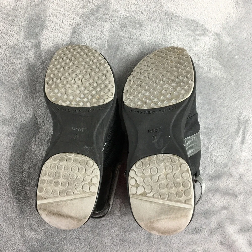 Naot Apollo Women 41 L10 Black Silver Metallic Leather Strappy Sport‎ Sandals